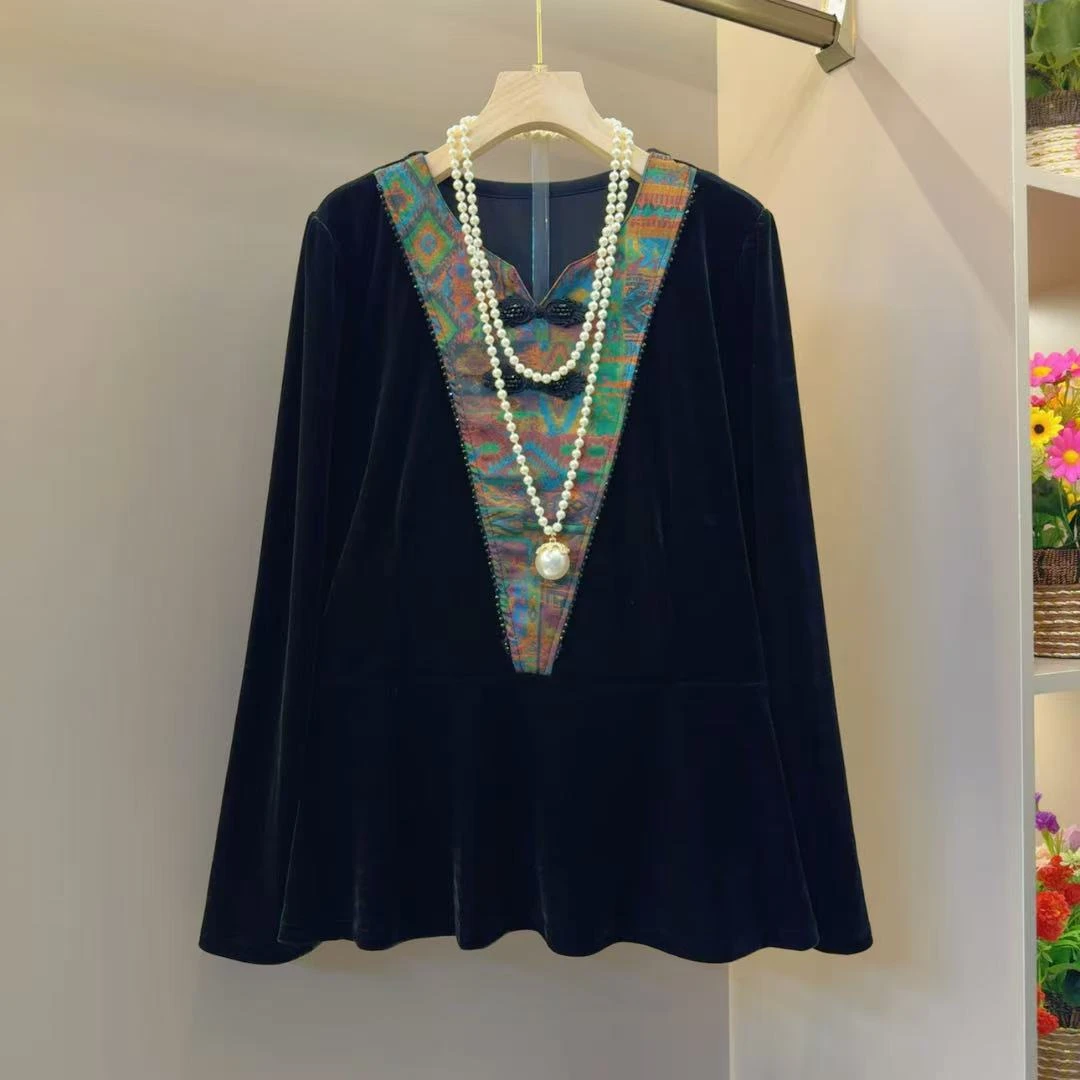 中国风早秋时尚长袖气质复古轻奢小衫衣长64左右