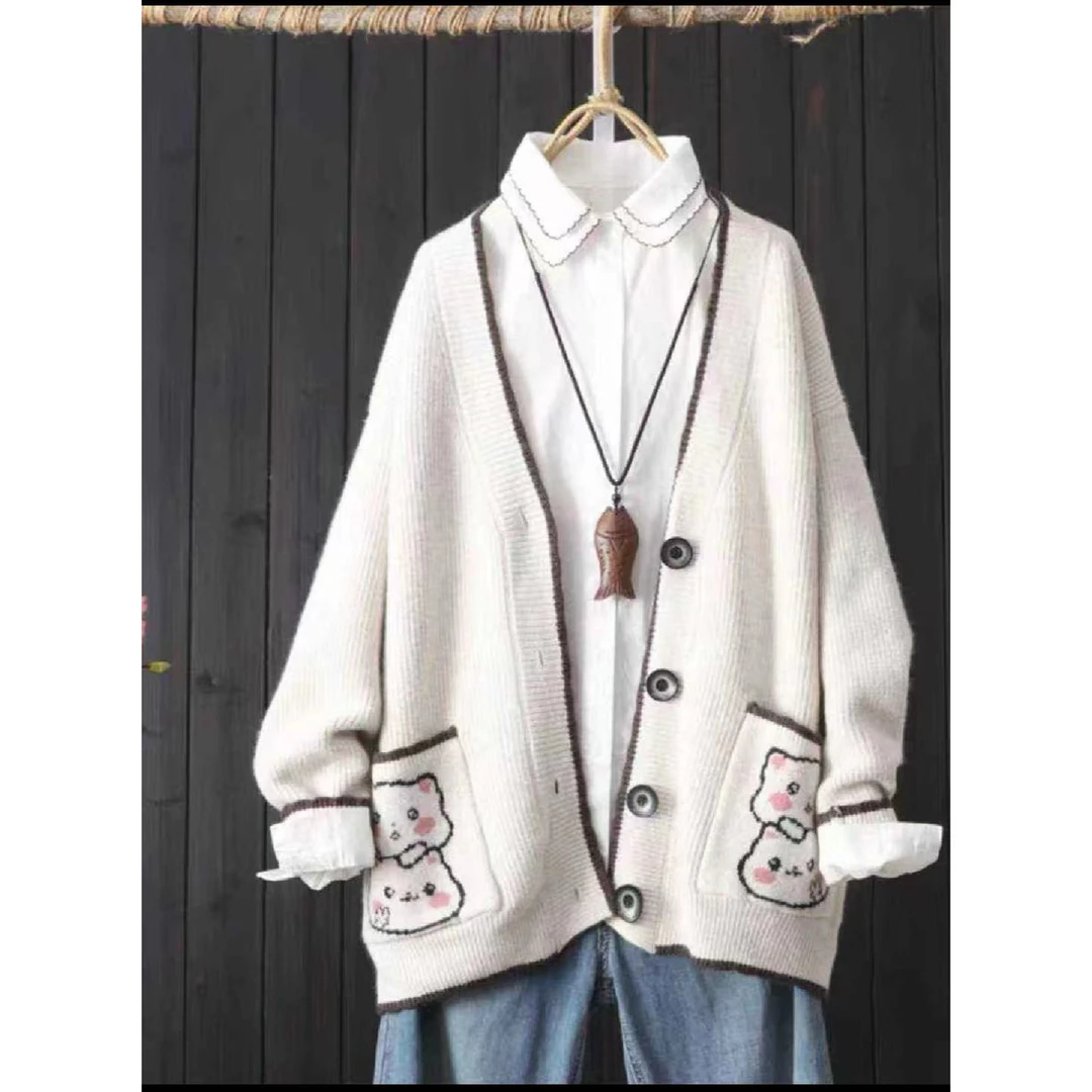 2402雪尼尔加厚针织开衫女宽松大码慵懒风长袖系扣外搭上衣春秋季