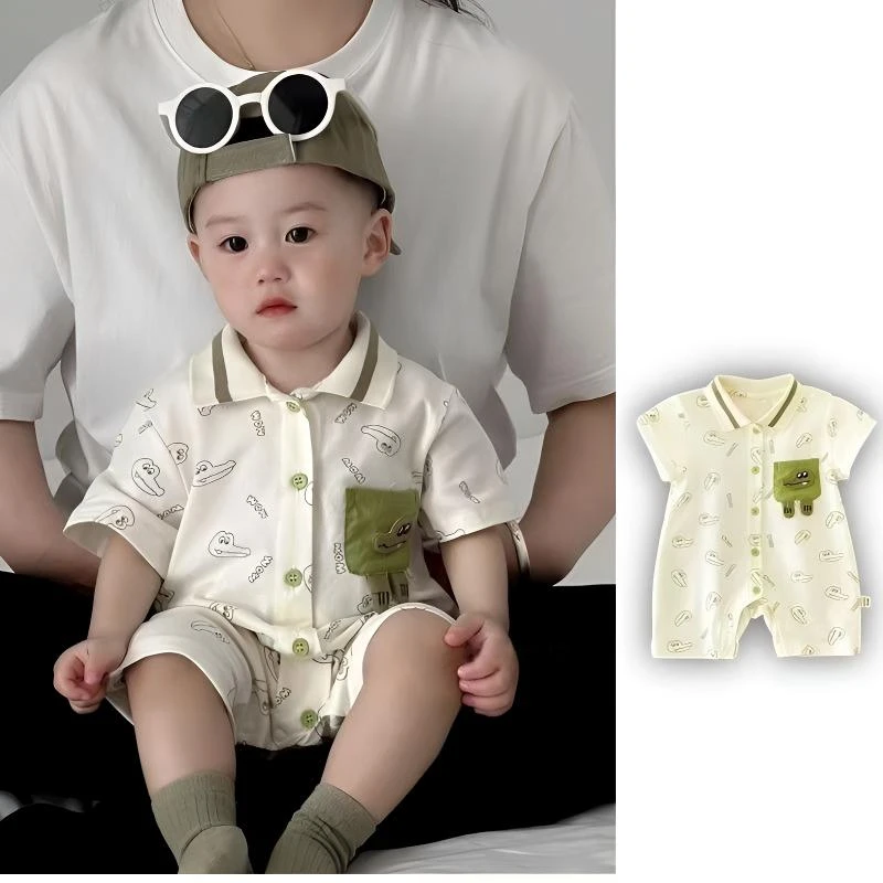 新款绿扣小鳄侠半袖哈衣婴幼儿薄款卡通洋气单排扣夏装纯棉连体衣