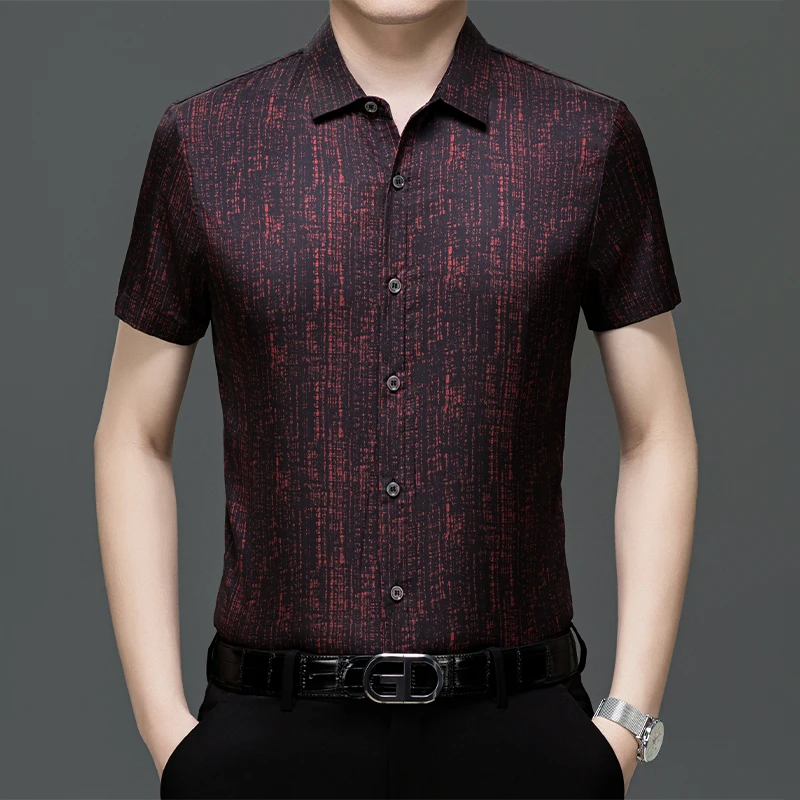 桑蚕丝高档衬衫休闲男夏季纯色男士短袖时尚薄款宽松中老年无痕