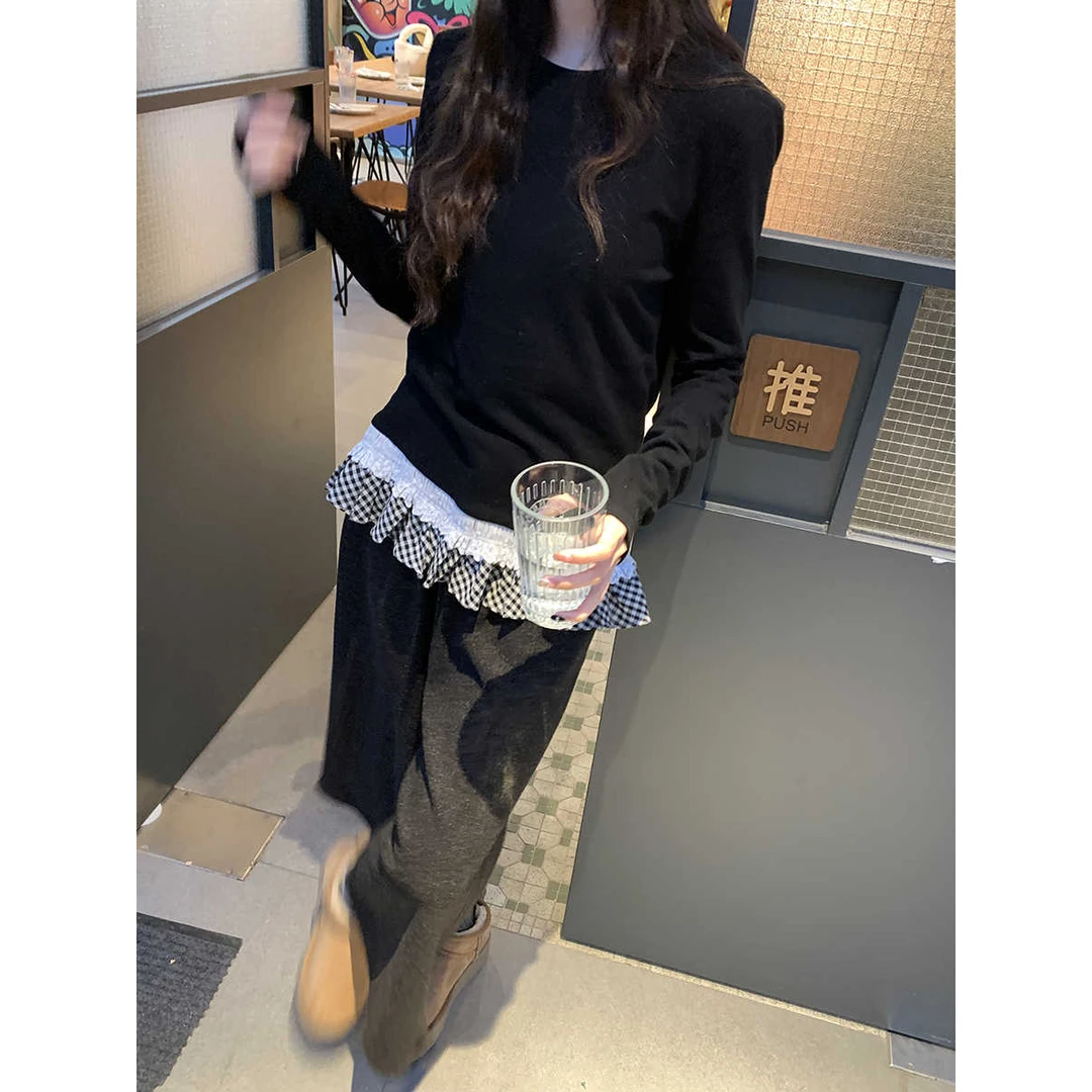 新款秋冬新款韩版荷叶边设计感长袖t恤女磨毛保暖德绒圆领打底衫