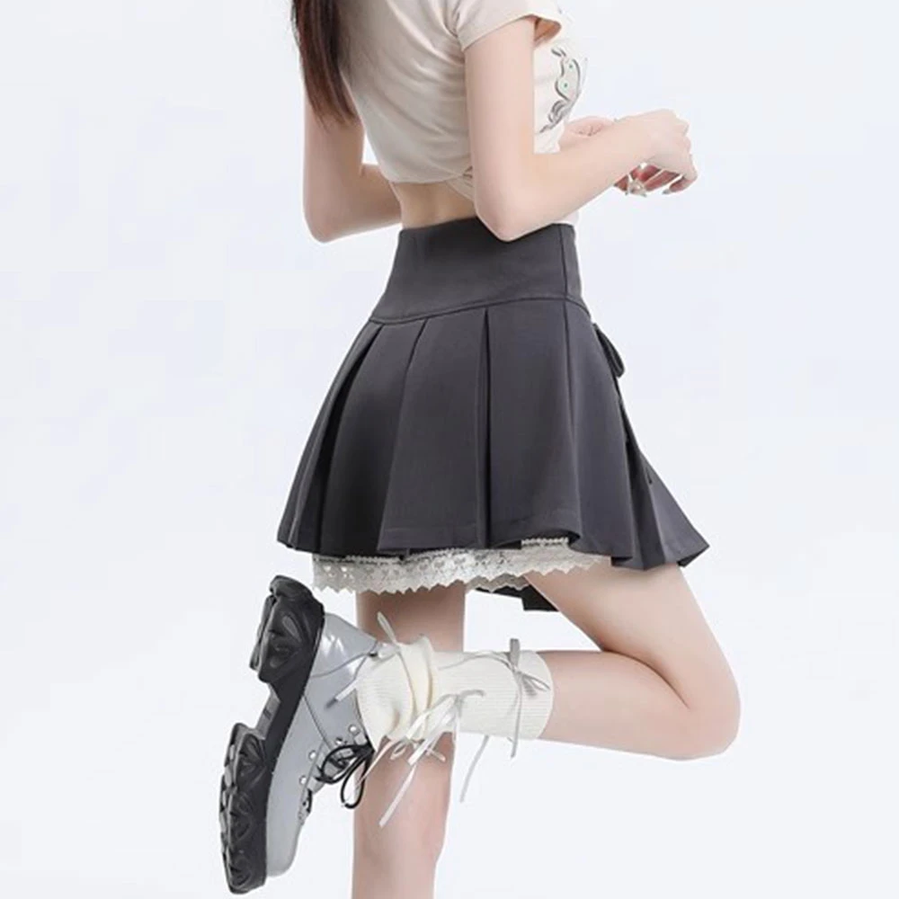 【现货】蕾丝边拼接百褶半身裙女装2025年夏季新款高腰显瘦jk短裙子