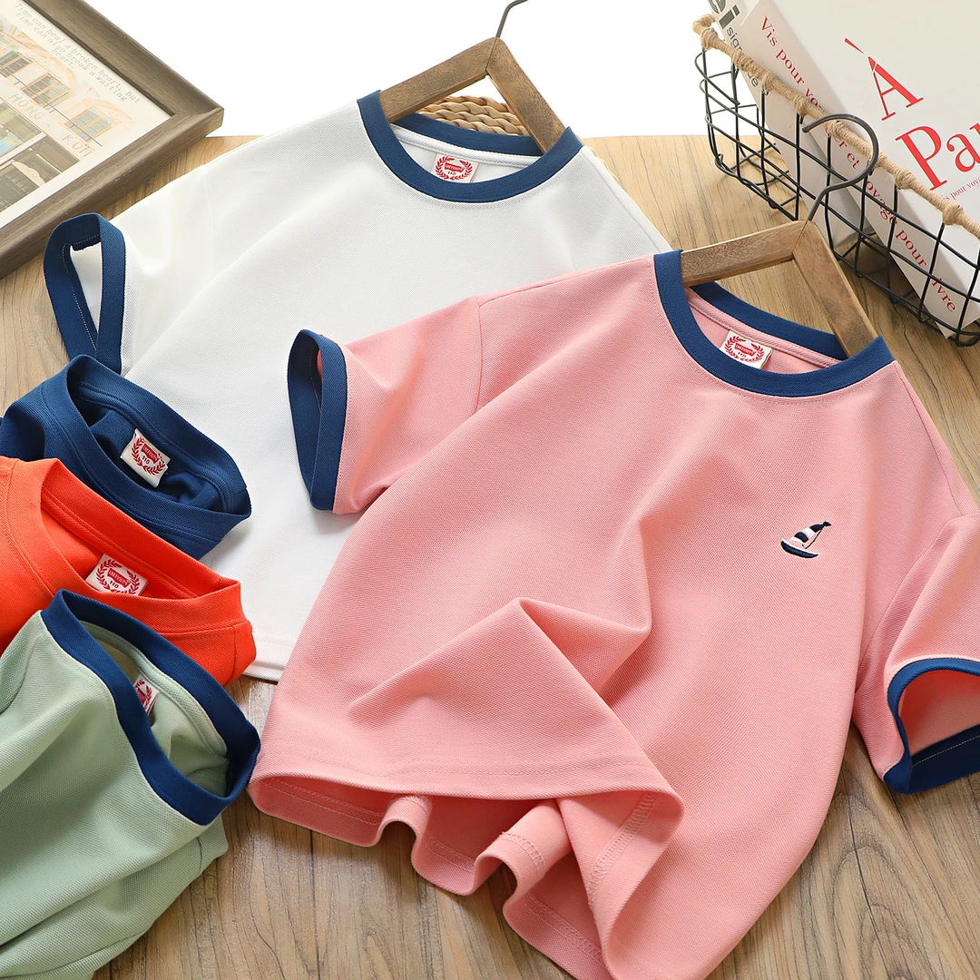 夏季儿童刺绣帆船中大童撞色领休闲短袖T恤 966