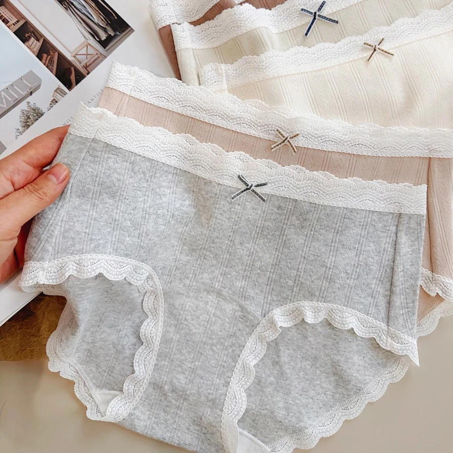 YN9253 纯棉内裤女生软糯蕾丝中腰全棉加长裆纯欲少女内裤