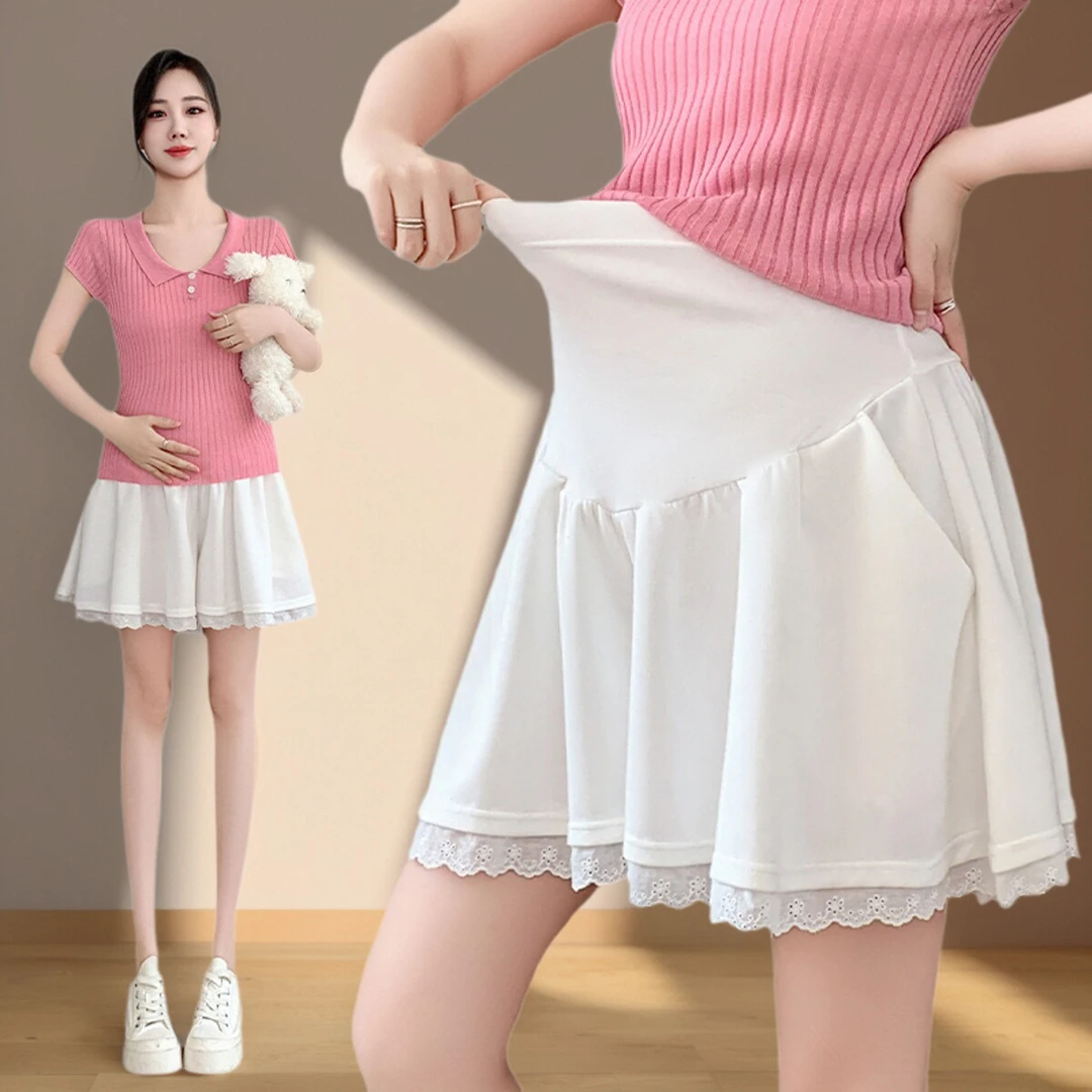 孕妇裤夏季蕾丝花边拼接阔腿休闲裤外穿薄款托腹短裤运动休闲裤裙