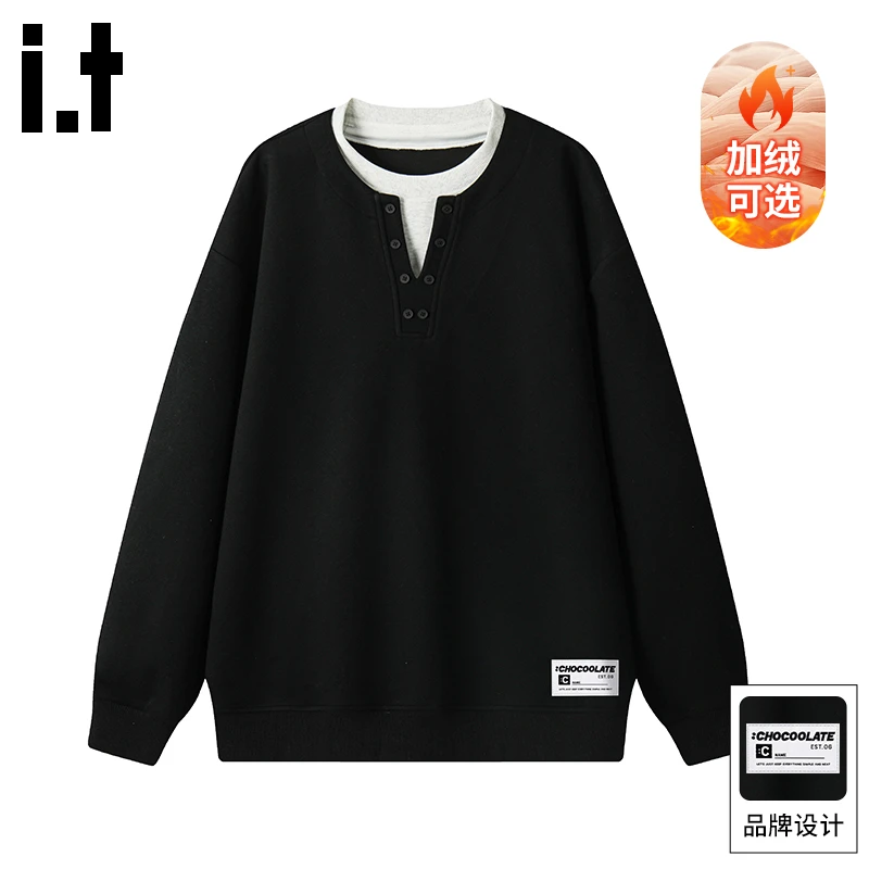 it :CHOCOOLATE美式假两件卫衣男冬季加绒宽松舒适设计感套头上衣