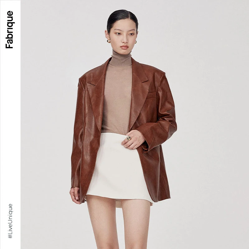 Fabrique新款油蜡做旧皮革西装时尚职业女装高级感西装外套复古