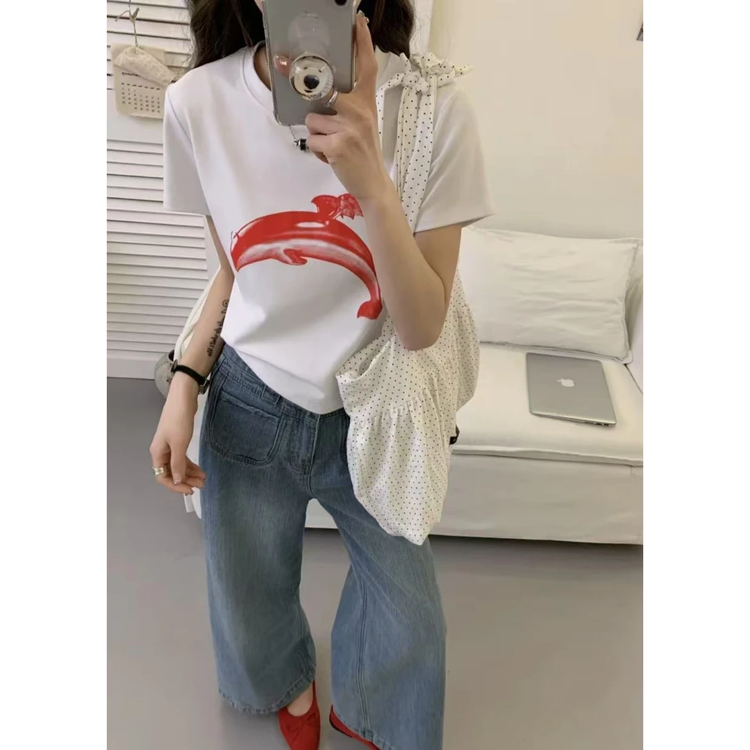 【Y993】红色海豚印花修身显瘦圆领T恤.