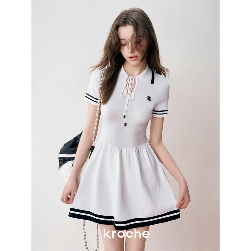 4196【金拐子专属】Kroche 撞色设计 polo领系带撞色针织连衣裙打底