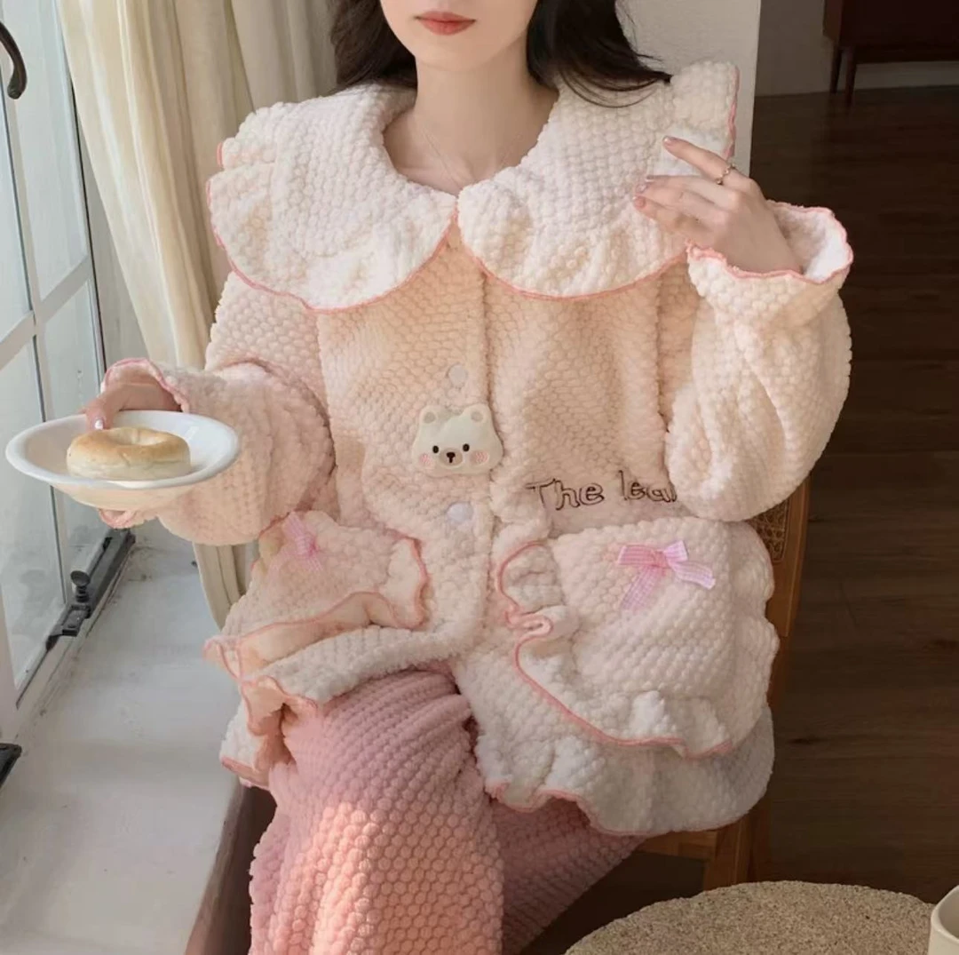 1033绒款粉色小熊长袖长裤家居服套装