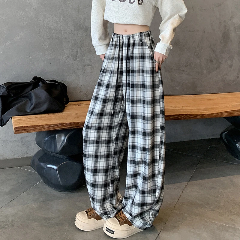 薄款遛弯高腰抽绳格子裤女2025秋季慵懒宽松格高腰垂感刺绣阔腿裤
