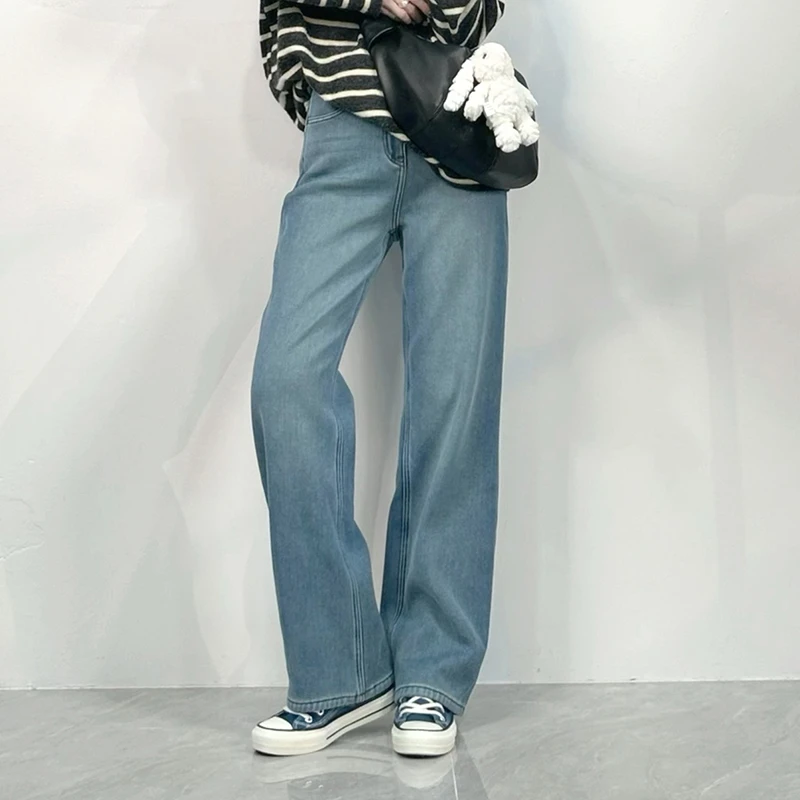 自制精品显高显瘦直筒牛仔裤冬季垂感窄版加绒女裤8570-1