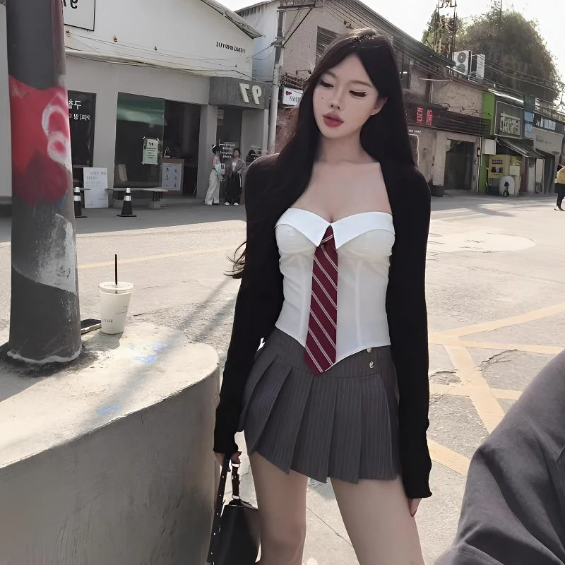 2025春夏新款韩系穿搭性感辣妹学院风鱼骨绑带抹胸衬衫百褶裙套装