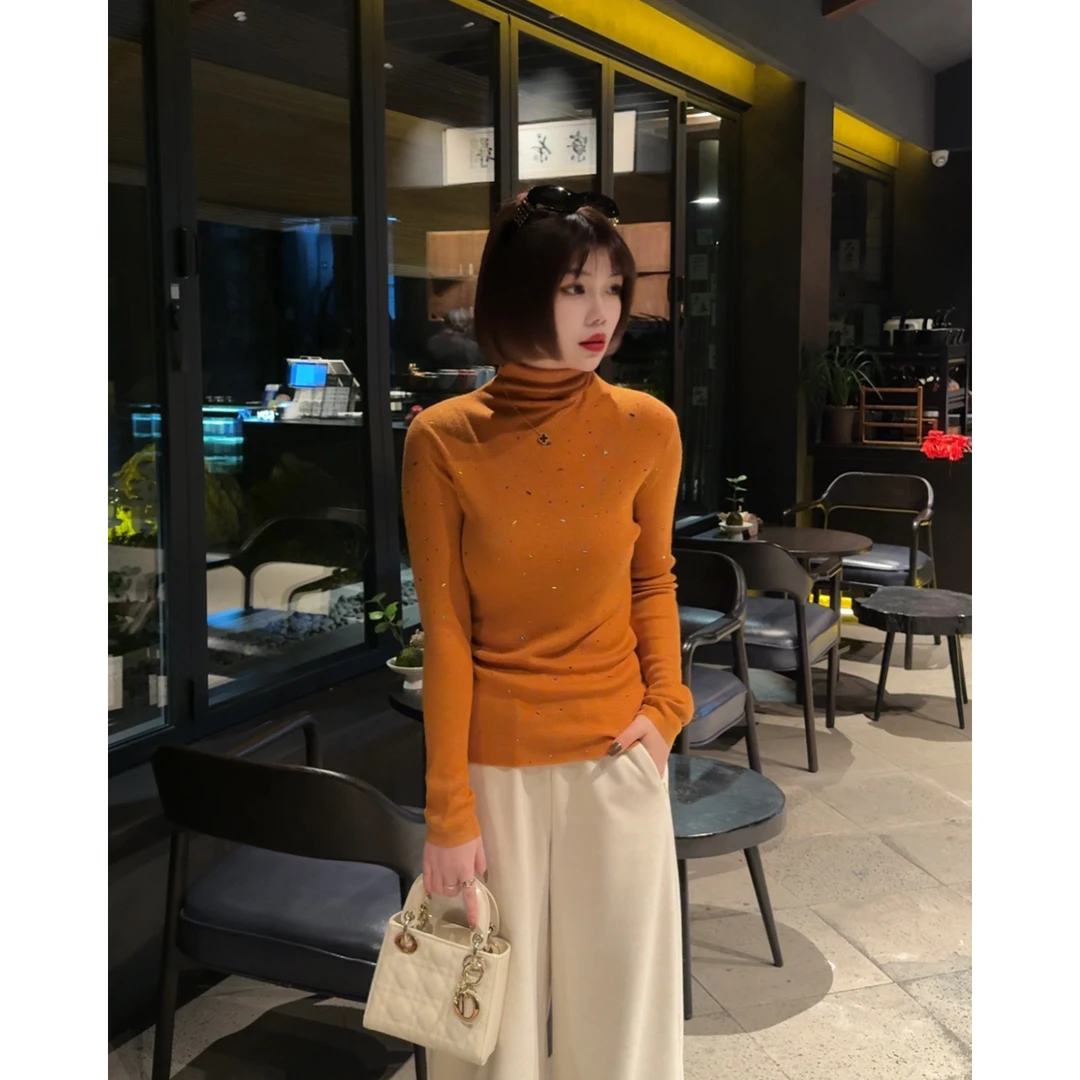 MY【满天星】 冬季新款 高领烫钻软糯打底针织衫高级感精致优雅上衣