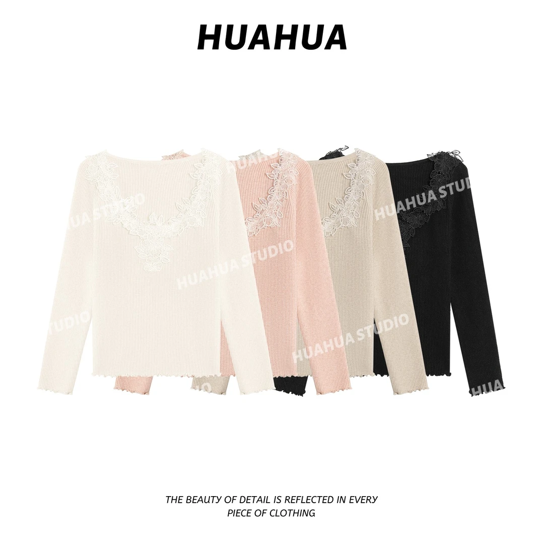 【花花】午后茶花~韩系时尚百搭蕾丝花边V领修身内搭针织衫T恤