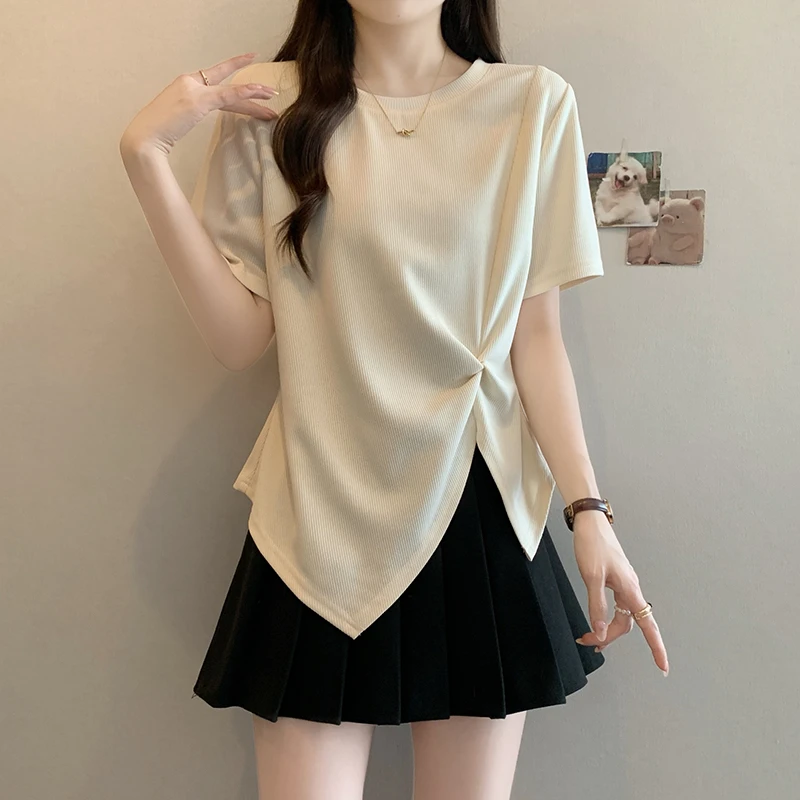 2025新款夏装胖mm大码女时尚高级感不规则修身显瘦短袖T恤A1352