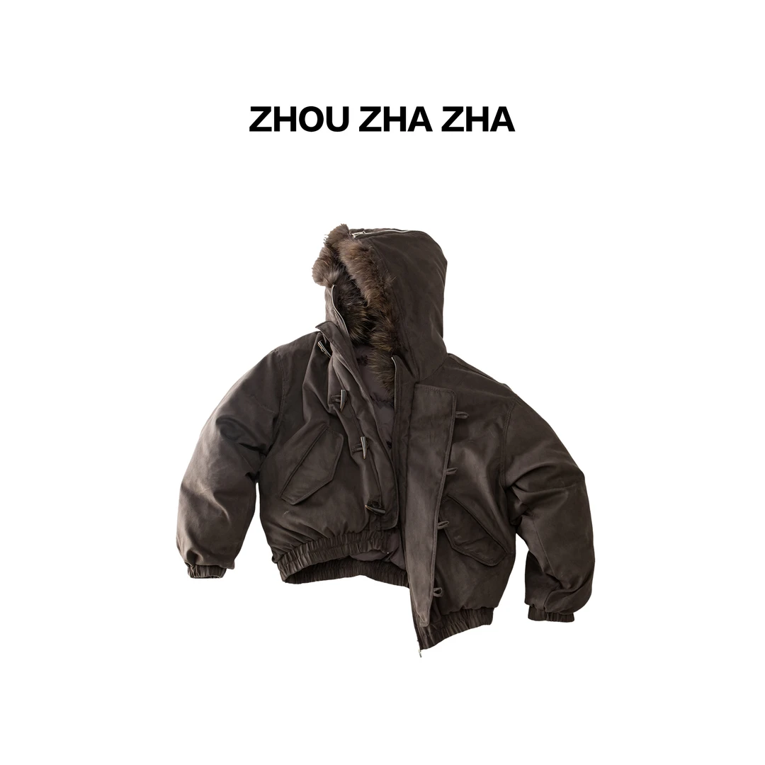 【周炸炸】貉子大毛领  小飞侠牛角扣连帽白鸭羽绒外套#548893