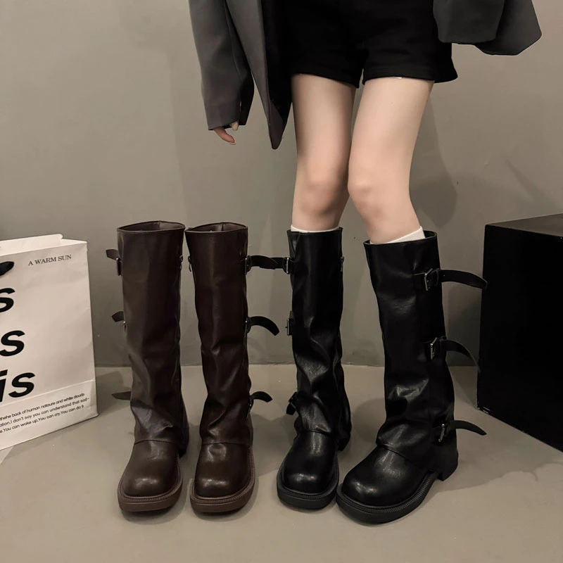 复古皮带扣西部牛仔骑士靴女2025秋季新款中筒厚底褶皱堆堆时装靴