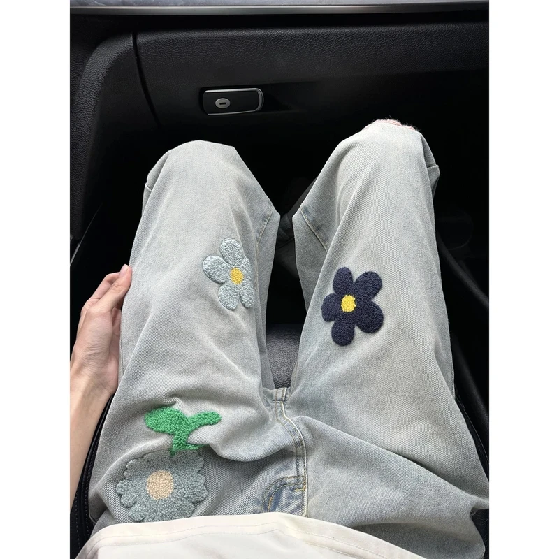 美式植绒绣花牛仔裤男痞帅高级感裤子cleanfit潮牌炸街直筒微喇裤