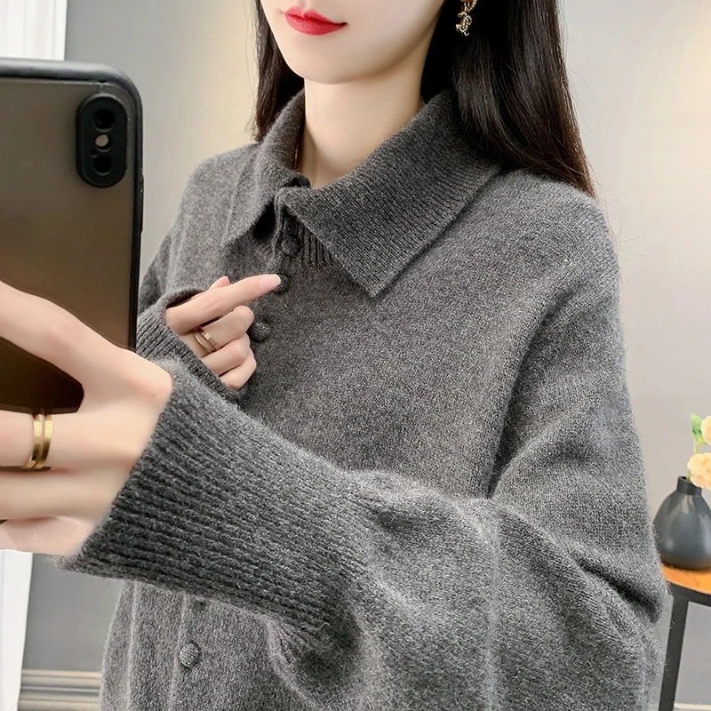 欧货时尚翻领高级感灰色长袖开衫针织毛衣女2024秋冬季新款上衣潮