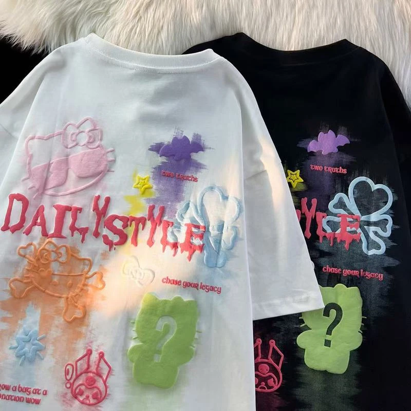 美式高街发泡kitty猫印花短袖t恤男女夏季新款潮牌情侣宽松上衣潮