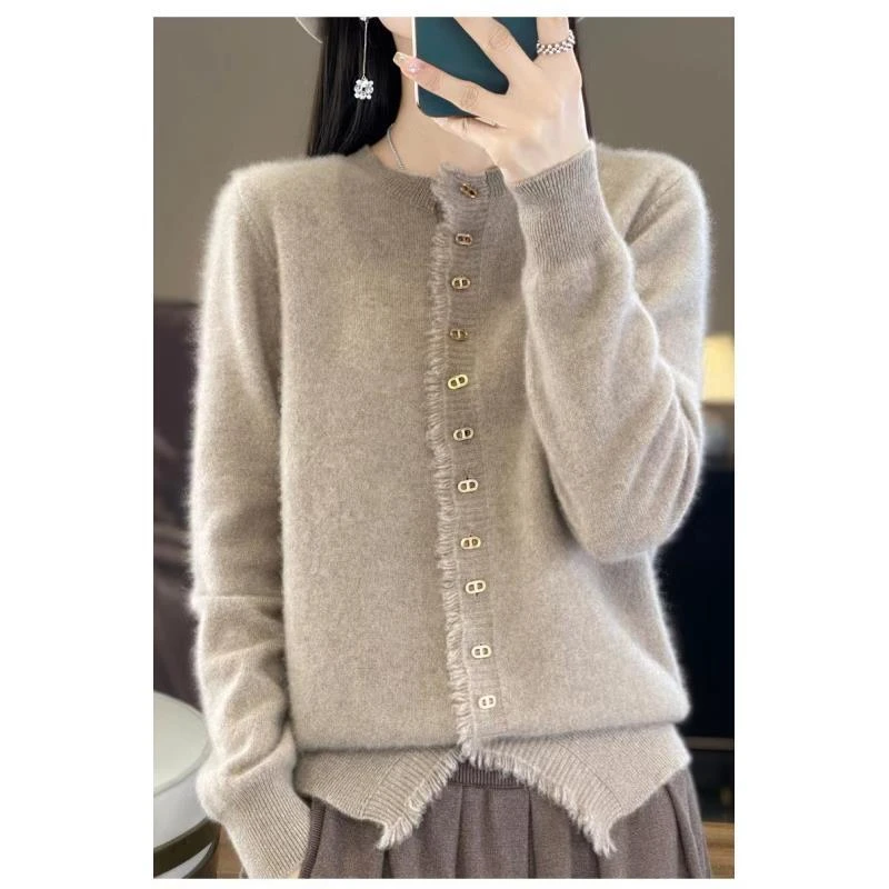 25新款流苏毛边修身针织纯羊毛开衫NJR901