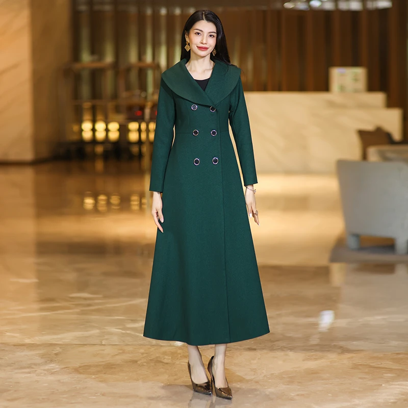 春秋新款气质长款过膝风衣墨绿色显瘦高级感女装外套时尚潮