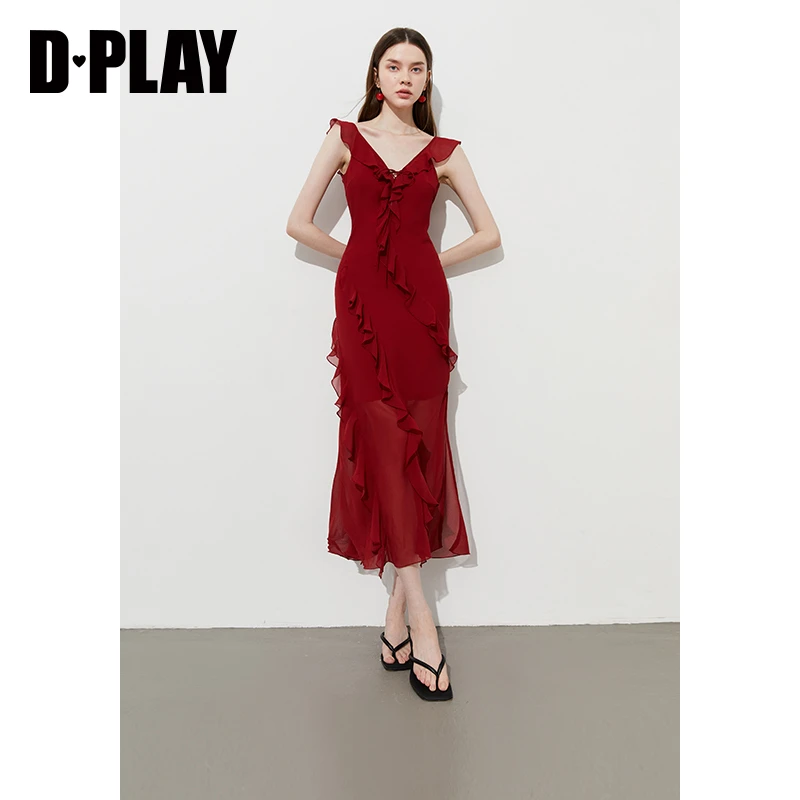 DPLAY【度假系列】2025年夏季新款红色连衣裙女复古吊带裙子长裙
