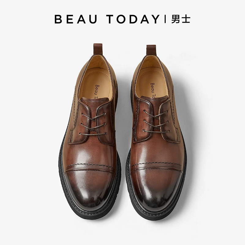 BeauToday商务正装皮鞋男真皮开边珠英伦风三接头德比鞋圆头软底