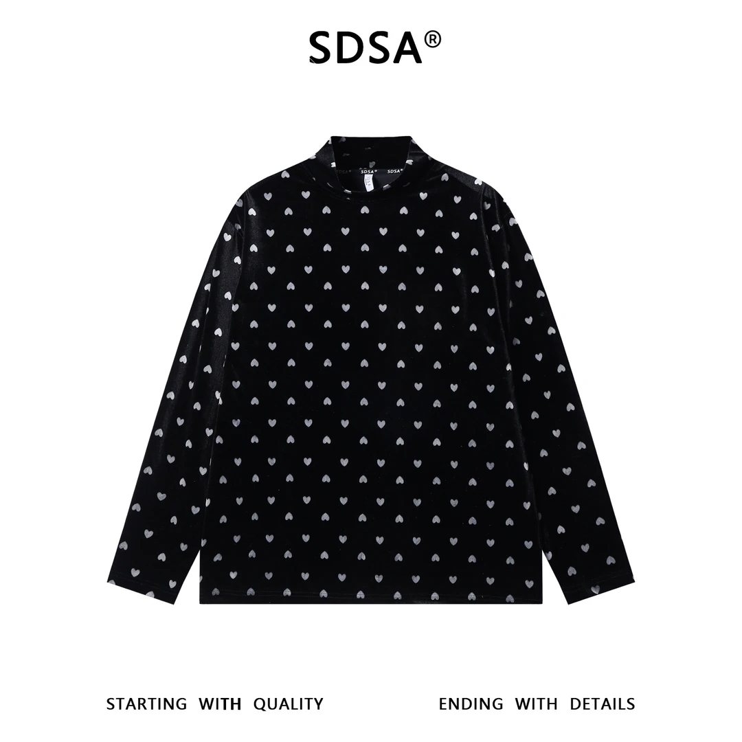 SDSA秋冬新款痞帅男装简约植绒撞色满印爱心半高领长袖T恤百搭