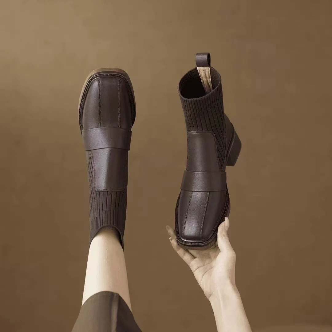 粗跟针织短靴女2024秋冬新款高跟瘦瘦靴百搭英伦风马丁靴弹力袜靴