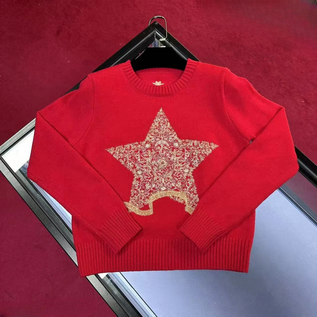 D555新款时尚刺绣针织毛衣打底红色长袖圆领喜庆秋冬女款休闲