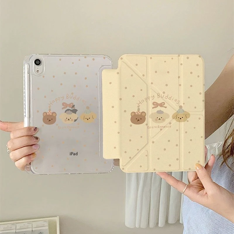 奶黄波点小熊适用苹果iPadA16 2025平板保护套iPad11笔槽iPad10壳