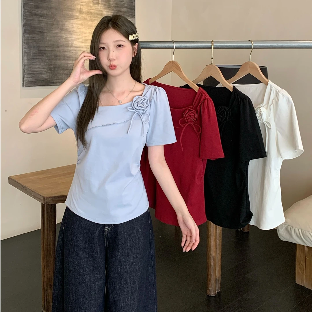小众女装2025夏季新款胖mm大码女法式方领花朵短袖甜美风正肩T恤