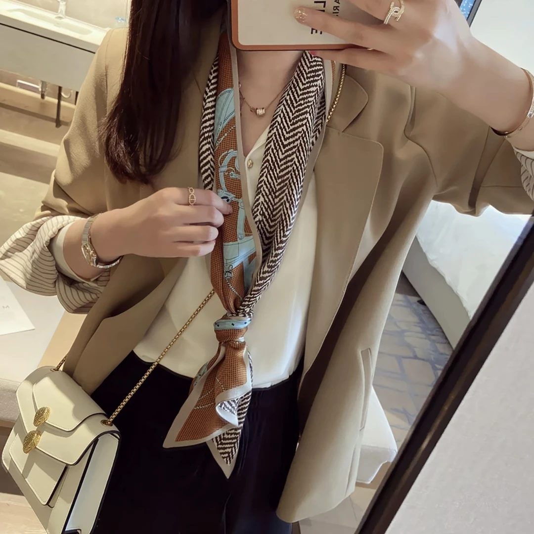 新款桑蚕丝丝巾145*16cm长巾飘带咖色链条真丝飘带女双层围巾J225