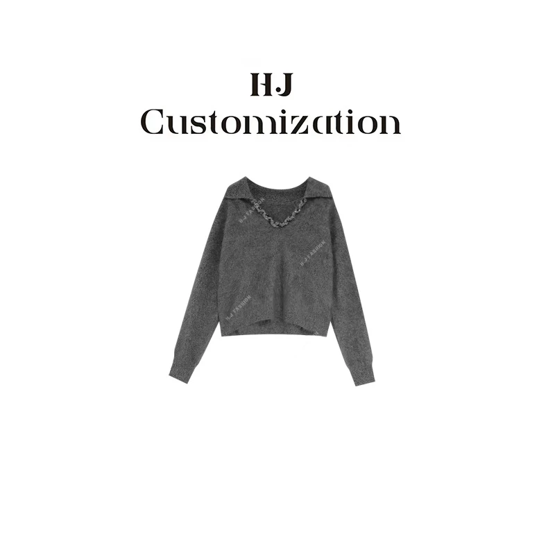 【郝洁】“人生毛衫”时尚法式V领重工亮片蚕丝羊绒拉毛翻领毛衣3519