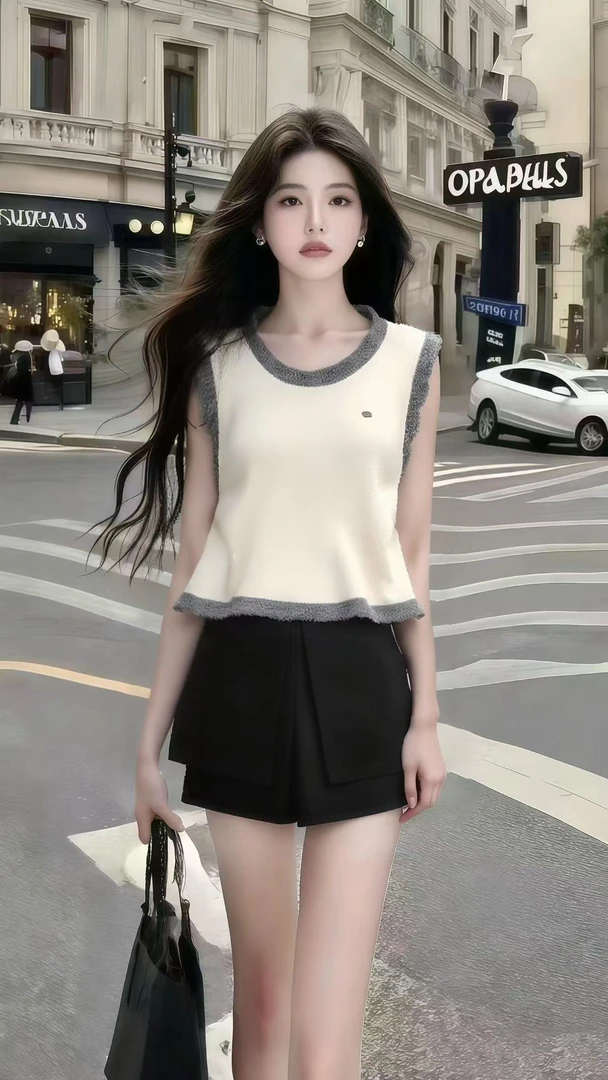 慵懒氛围感百搭休闲穿搭杏色圆领无袖毛衣针织衫+黑色百搭短裤女