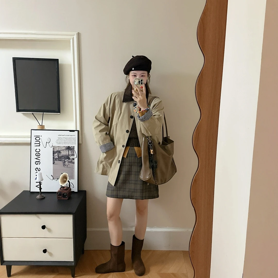现货【禾家巴恩风外套】25秋季新高密斜纹棉翻领风衣夹克外套女