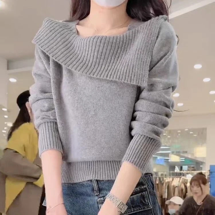 小香风秋冬欧货一字领露肩亮丝高级感羊毛针织衫女宽松慵懒风毛衣