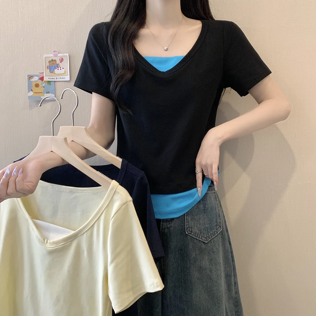 美式甜辣妹假两件恤女春2025V领打底上衣3121