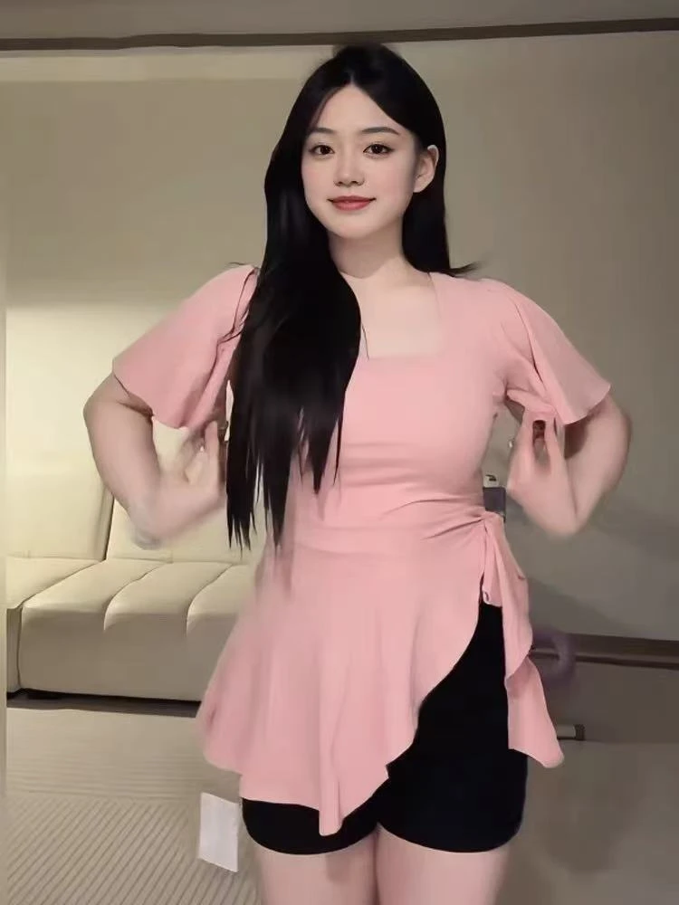 微胖夏季新款韩版U领正肩收腰T恤百搭不规则绑带修身显瘦上衣
