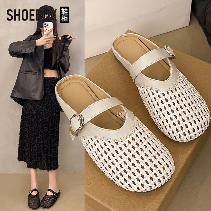 SHOEBOX鞋柜编织包头半拖鞋女2025新款夏镂空透气软平底半拖鞋