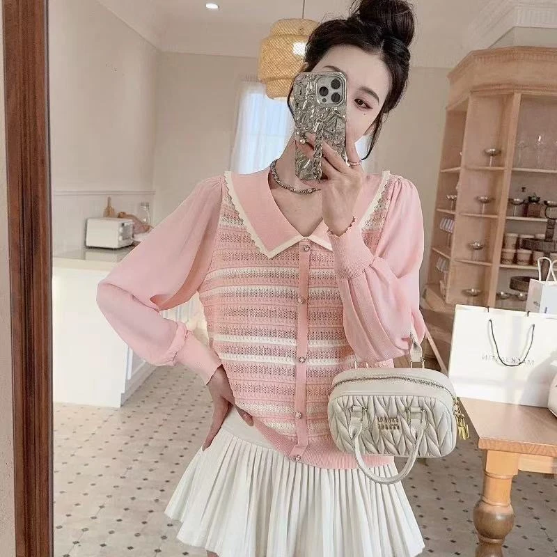 M050大码气质娃娃领镂空针织衫女装2025新款时尚拼接显瘦长袖上衣