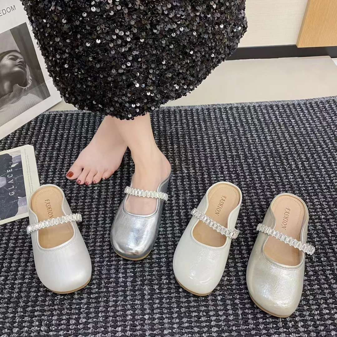 半拖鞋夏外穿2025新款玛丽珍凉拖一脚蹬无后跟穆勒水钻单鞋2505G