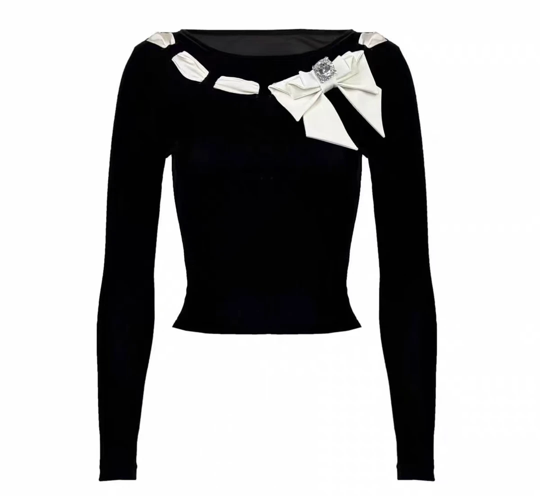 木子店黑色蝴蝶结气质时尚打底衫