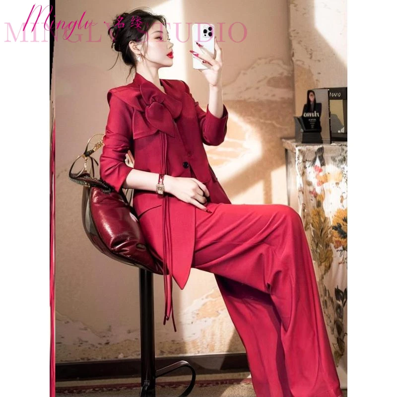 初秋韩系氛围感穿搭立体花朵红色西装阔腿裤套装女时尚气质两件套