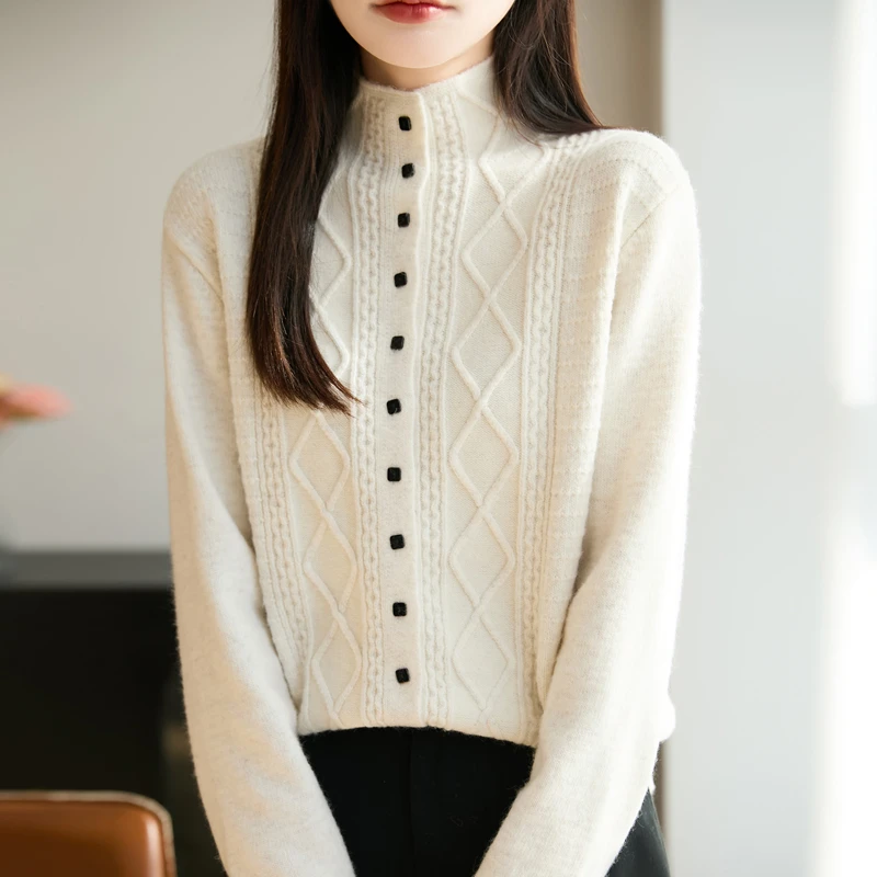 品牌撤柜正品绞花菱格气质针织半高领开衫秋冬新款保暖羊毛衫女士