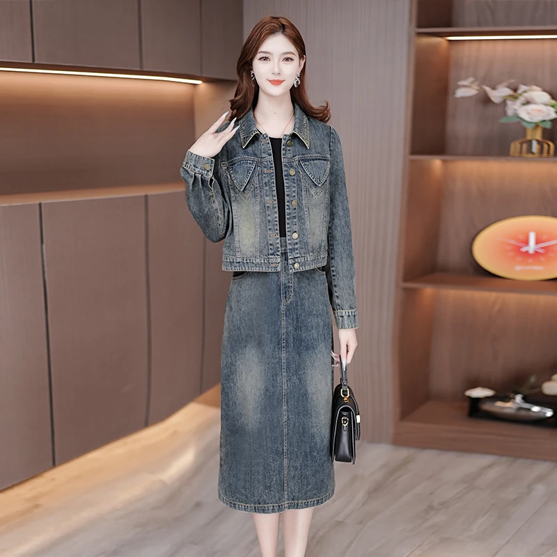 春季新款套装牛仔外套长袖拼色牛仔连衣裙时尚显瘦牛仔两件套裙套