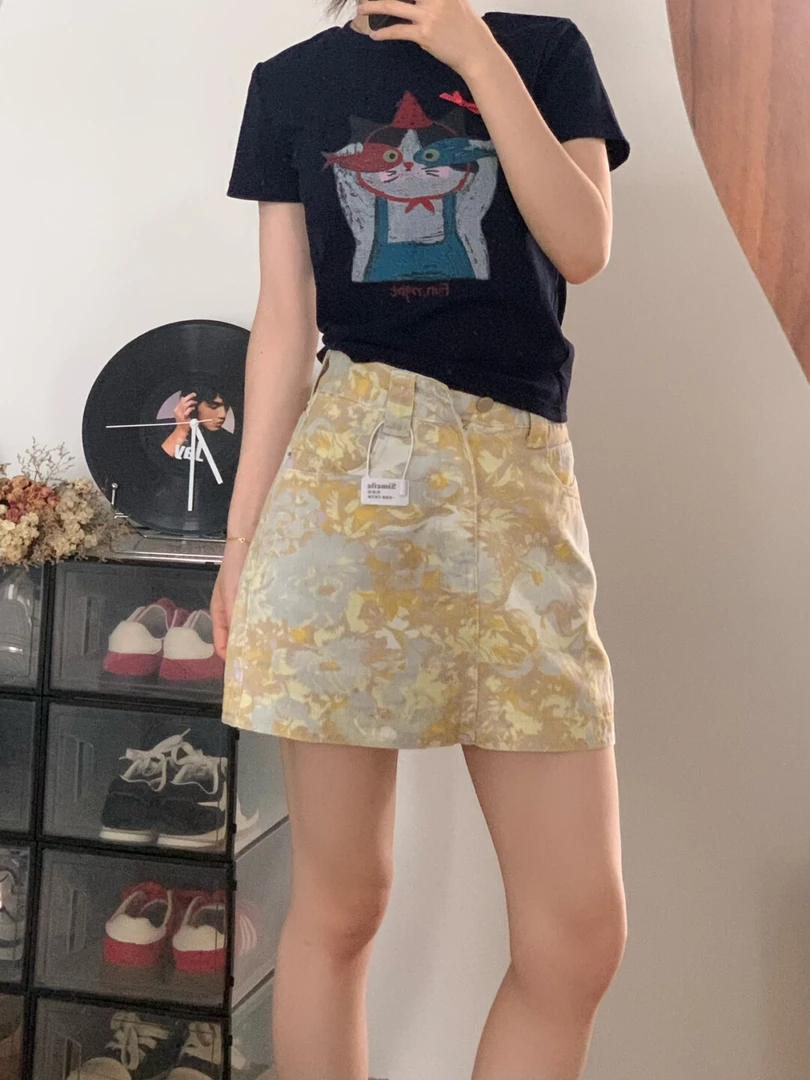 微胖mm美式扎染防走光牛仔半身裙女夏季新款复古水洗休闲A字短裙