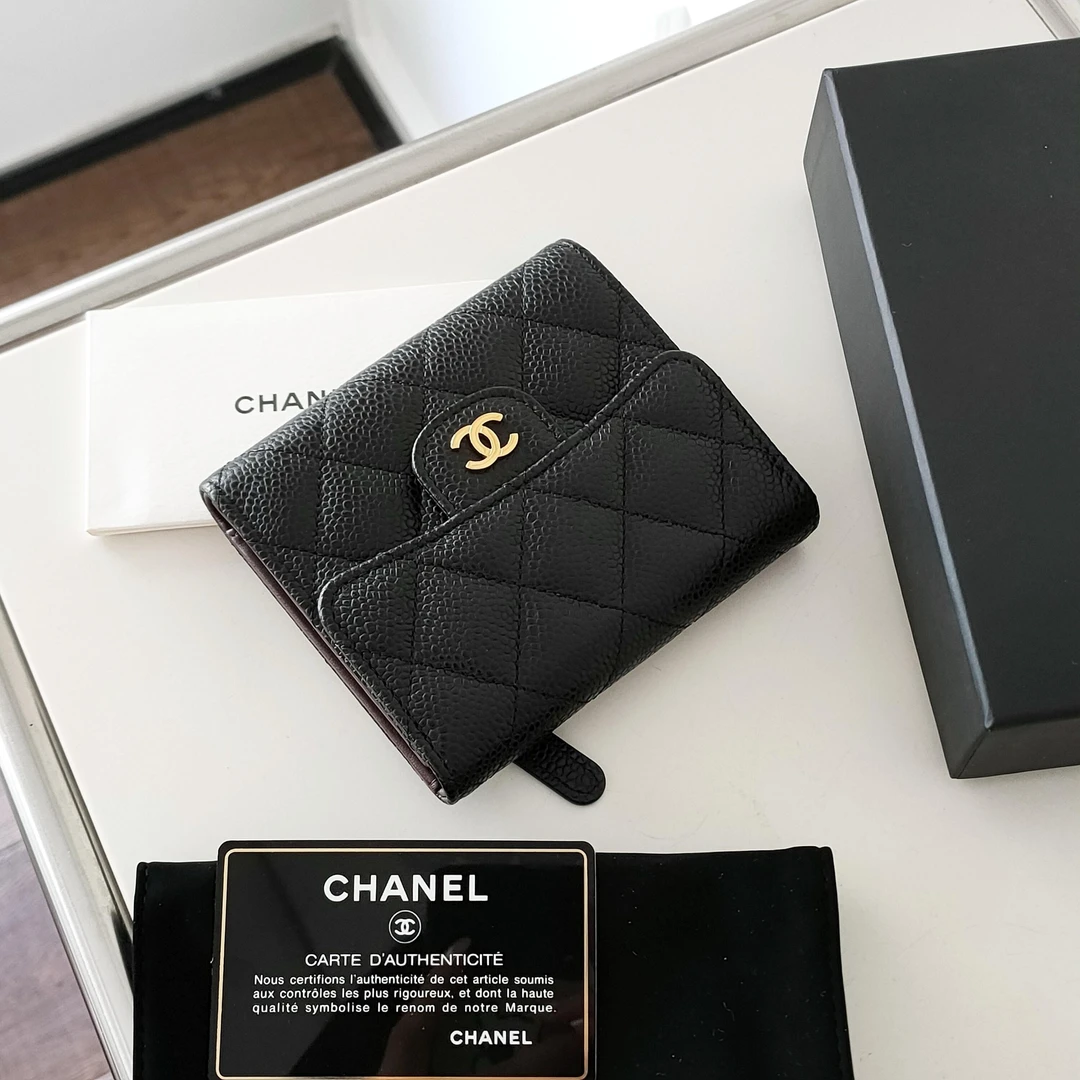 95新 Chanel/香奈儿 Azul-Chanel 黑金荔枝皮三折钱包/40084